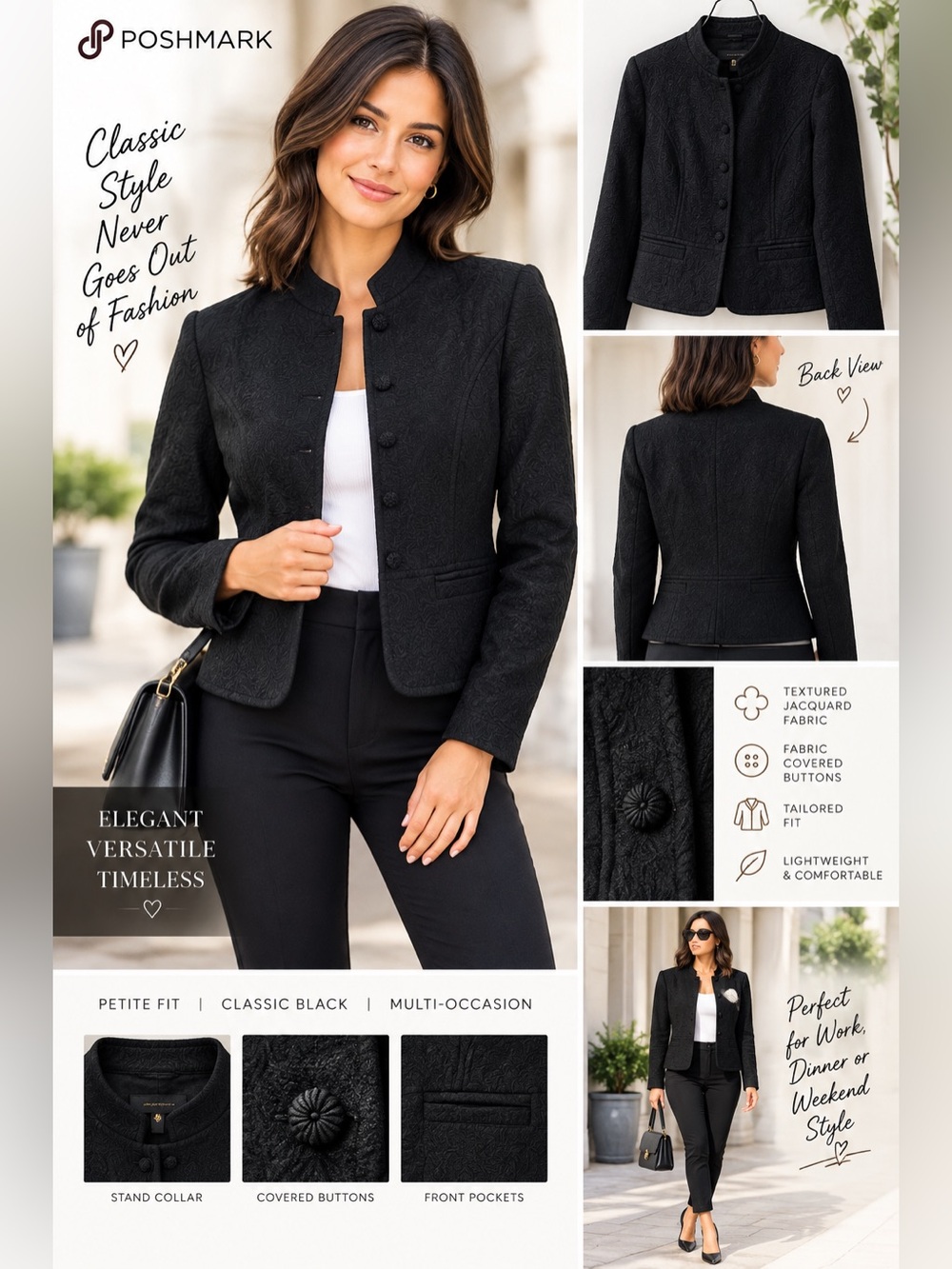 Black Textured Jacquard Tailored Jacket – Petite